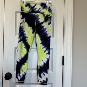 Athleta Neon Chartreuse Cobalt Blue Black Tie Dye Elation 7/8 Tight LeggingsSize
